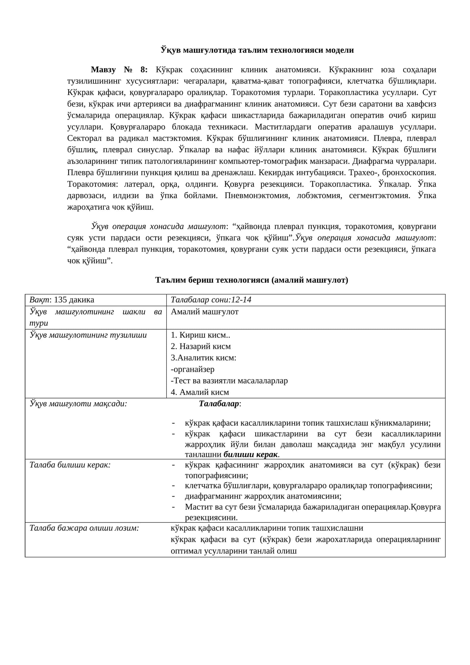 Кўкрак соҳасининг клиник анатомияси