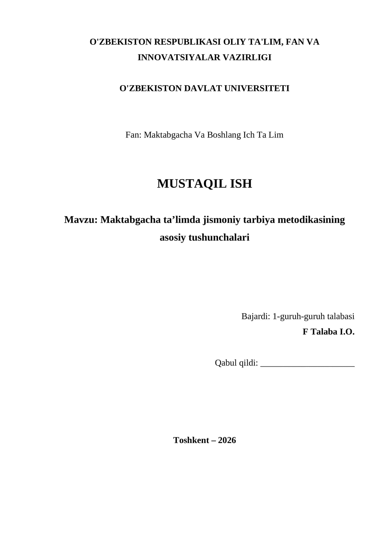 Maktabgacha ta’limda jismoniy tarbiya metodikasining asosiy tushunchalari