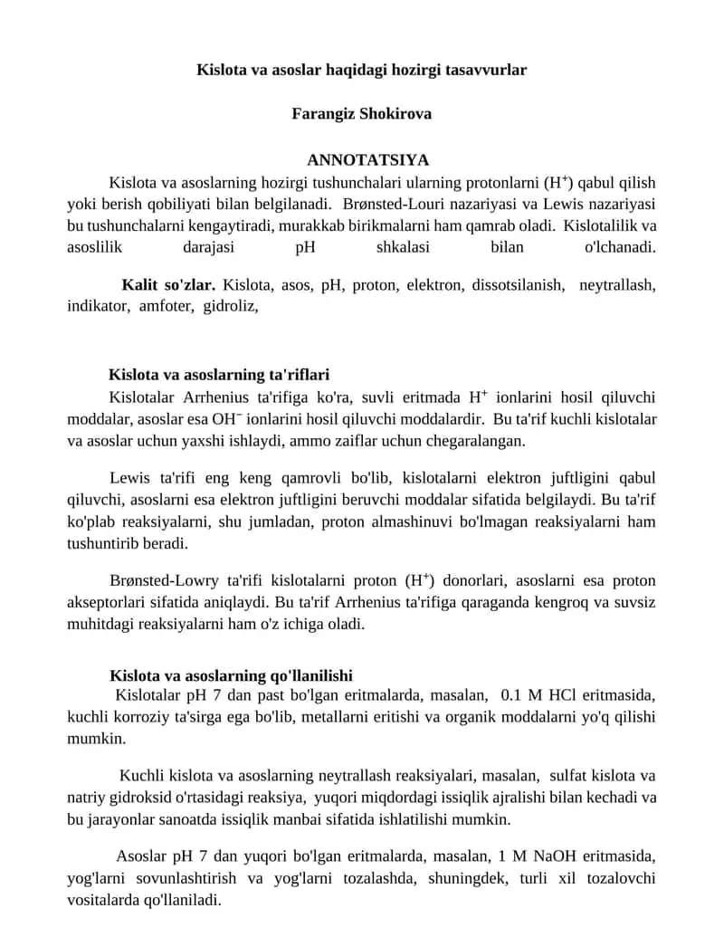 Kislota va asoslar haqidagi hozirgi tasavvurlar