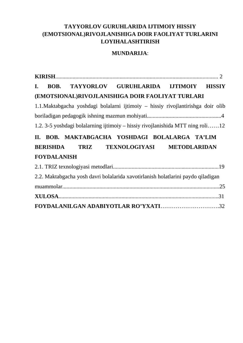 TAYYORLOV GURUHLARIDA IJTIMOIY HISSIY (EMOTSIONAL)RIVOJLANISHIGA DOIR FAOLIYAT TURLARINI LOYIHALASHTIRISH