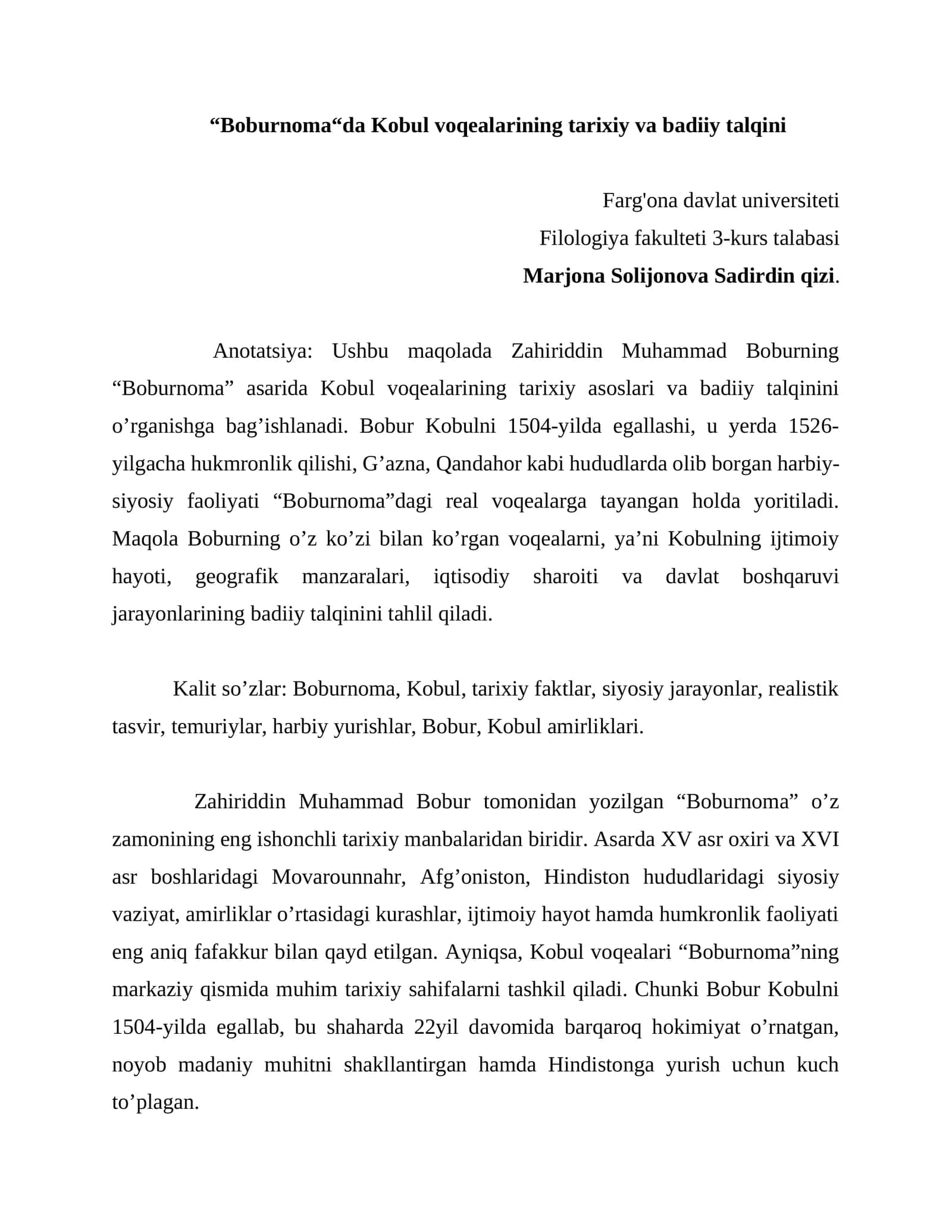 “Boburnoma“da Kobul voqealarining tarixiy va badiiy talqini