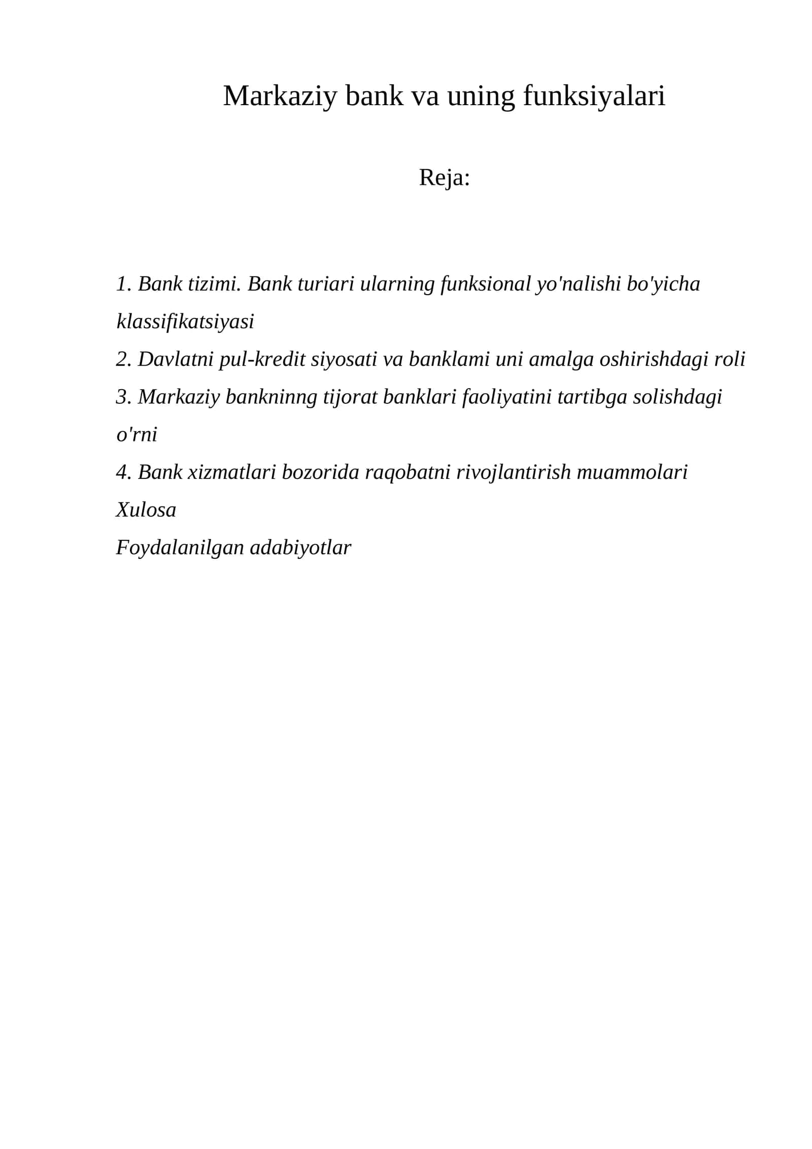 Markaziy bank va uning funksiyalari