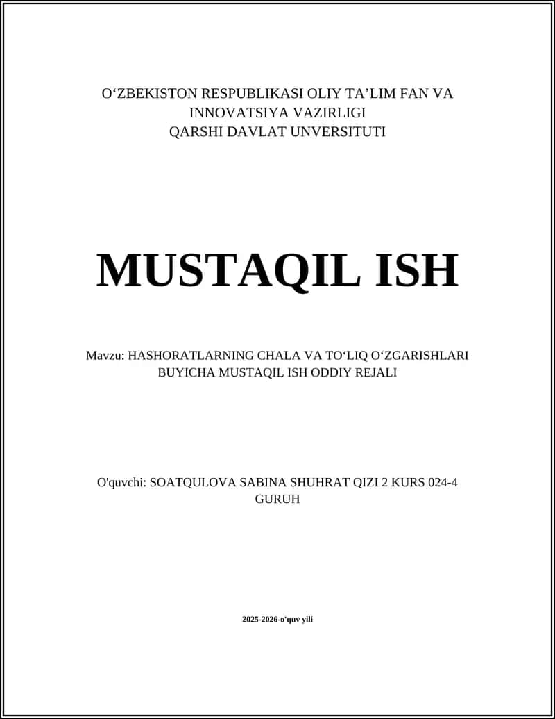 HASHORATLARNING CHALA VA TOʻLIQ OʻZGARISHLARI BUYICHA MUSTAQIL ISH ODDIY REJALI