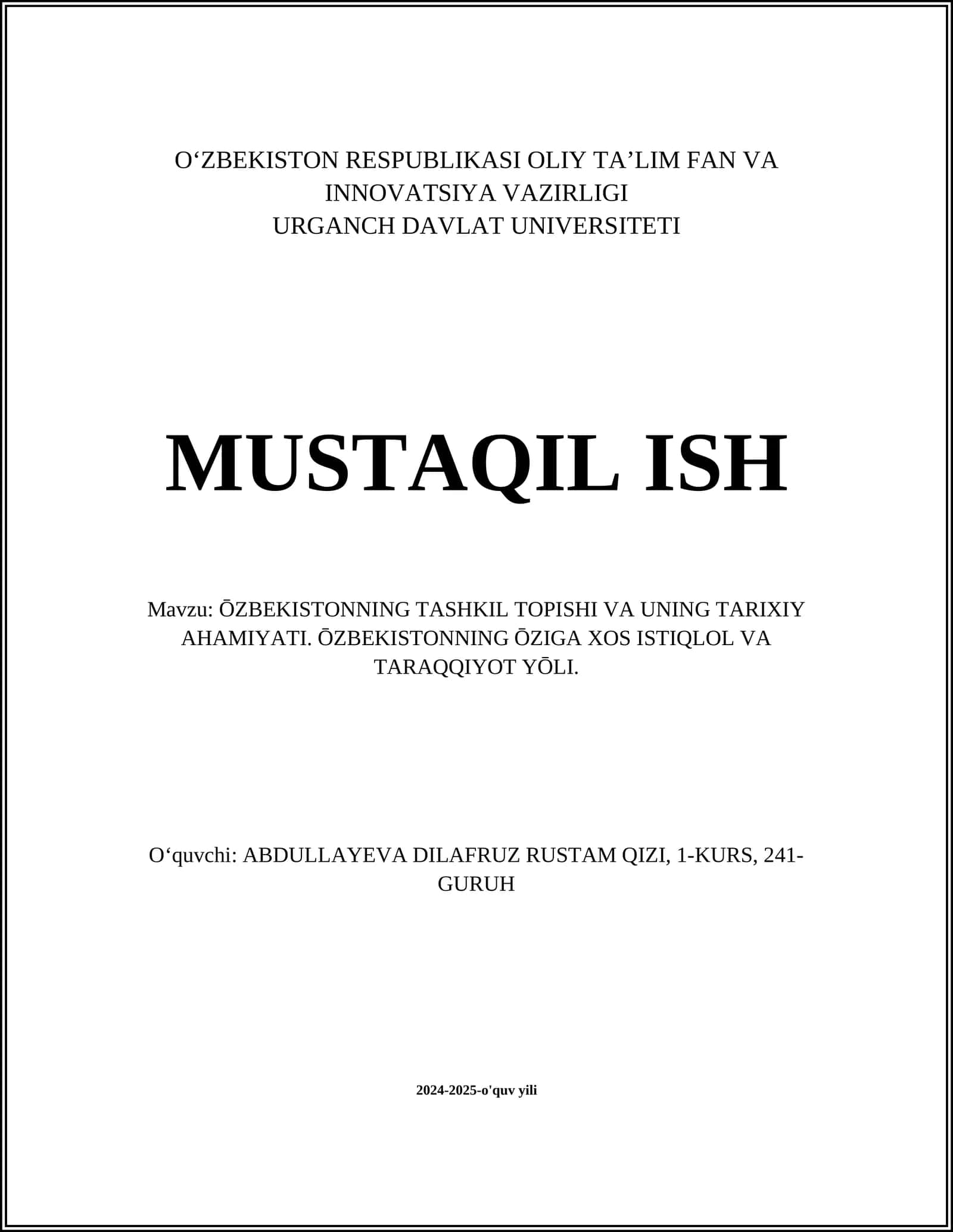 ŌZBEKISTONNING TASHKIL TOPISHI VA UNING TARIXIY AHAMIYATI