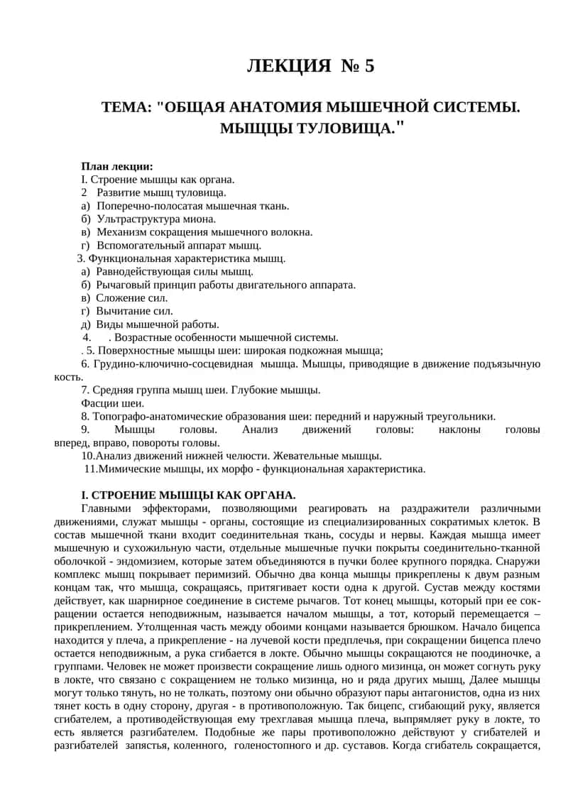 ЛЕКЦИЯ № 5 "ОБЩАЯ АНАТОМИЯ МЫШЕЧНОЙ СИСТЕМЫ. МЫЩЦЫ ТУЛОВИЩА"