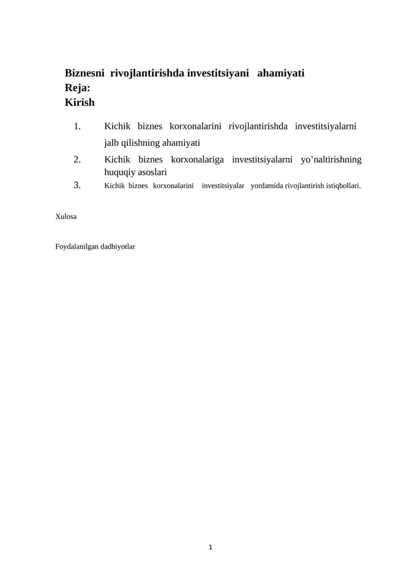 Kichik biznes korxonalarini rivojlantirishda investitsiyani ahamiyati