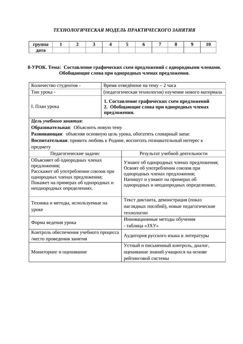 Технологическая модель практического занятия