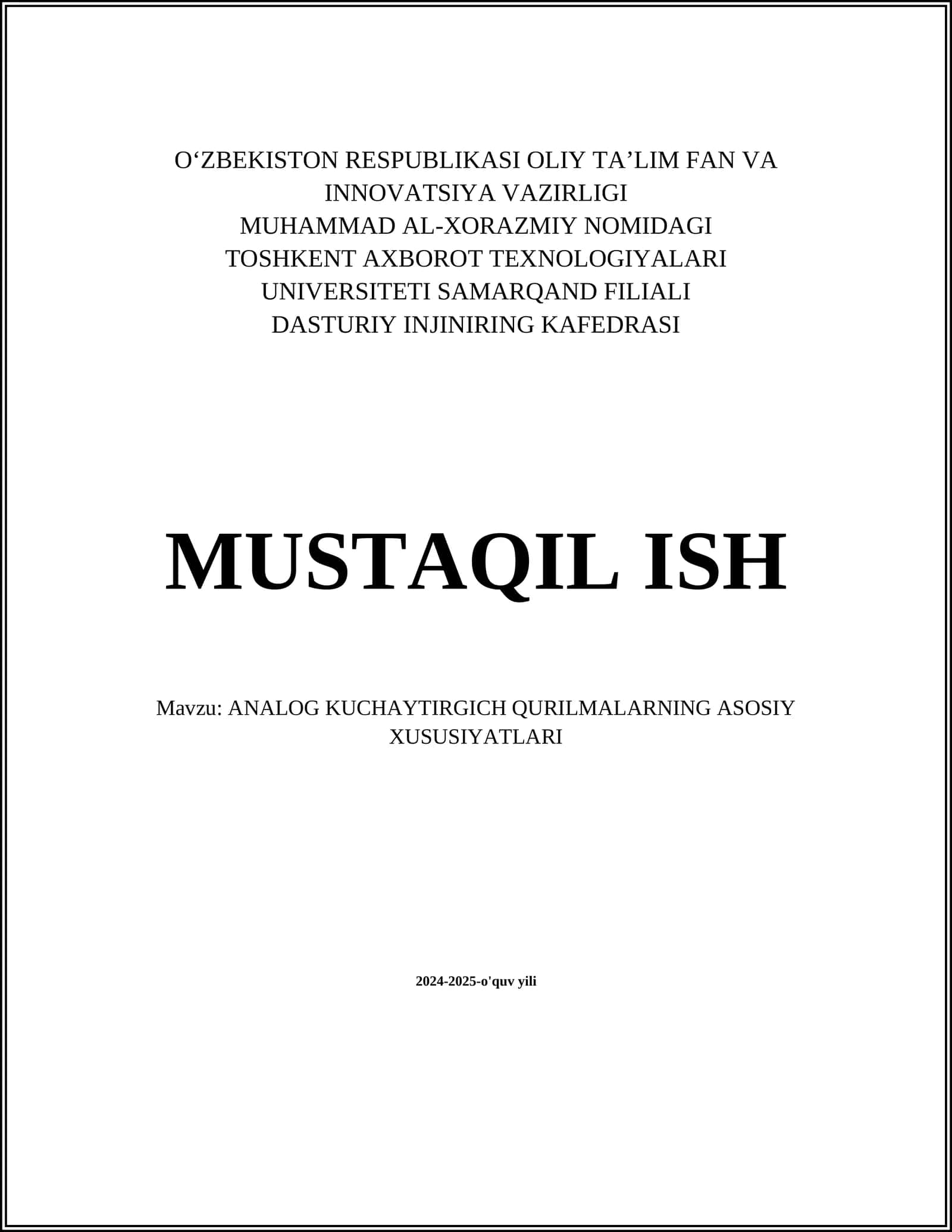 ANALOG KUCHAYTIRGICH QURILMALARNING ASOSIY XUSUSIYATLARI