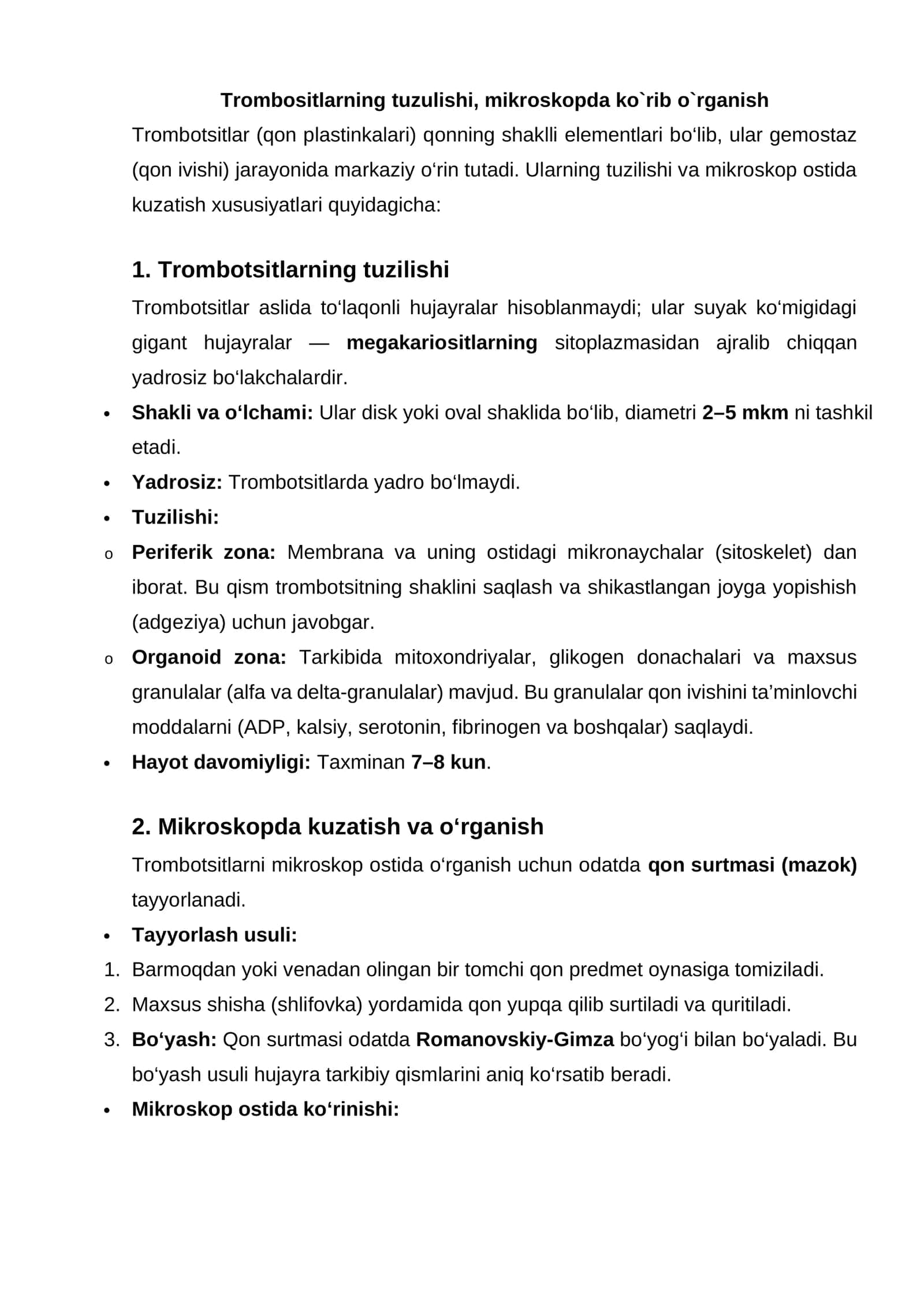 Trombositlarning tuzulishi, mikroskopda ko`rib o`rganish