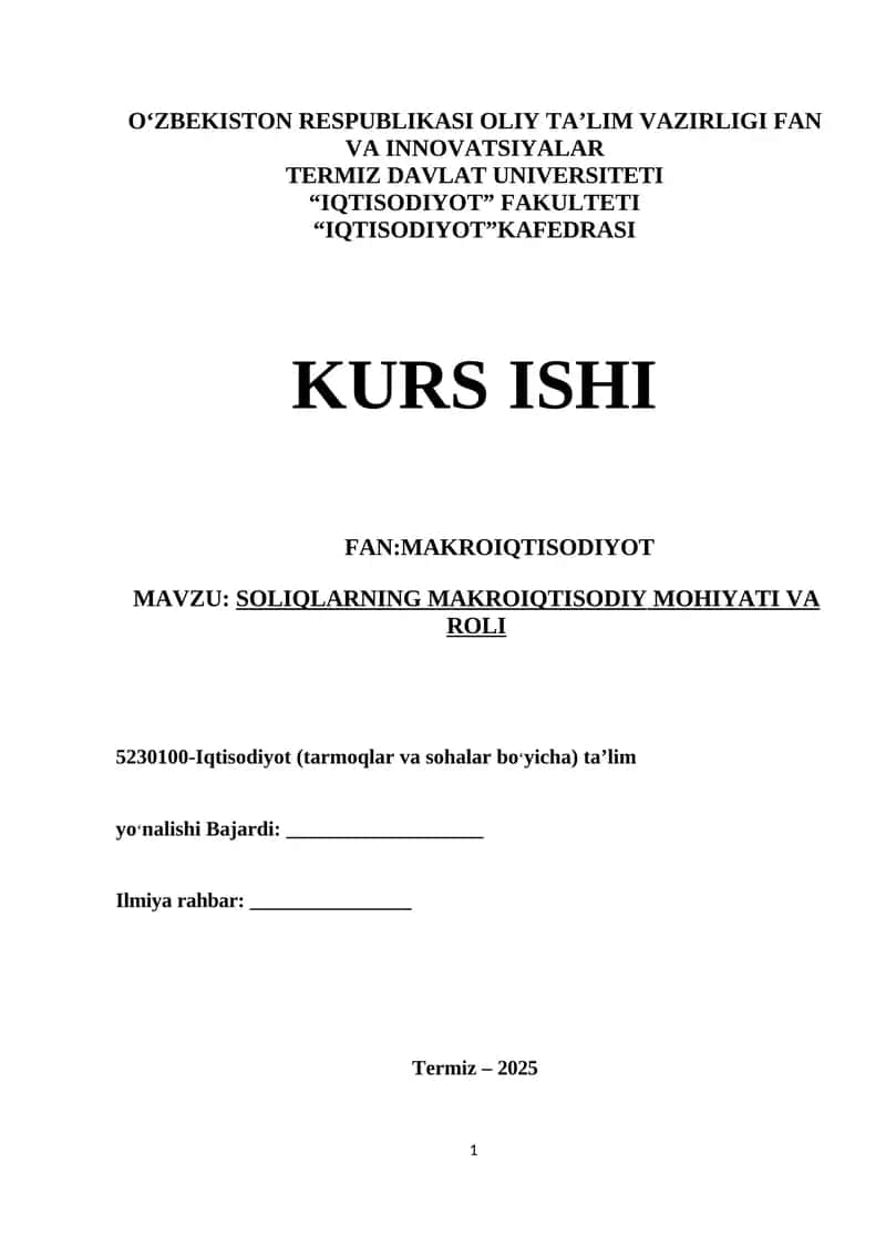 SOLIQLARNING MAKROIQTISODIY MOHIYATI VA ROLI