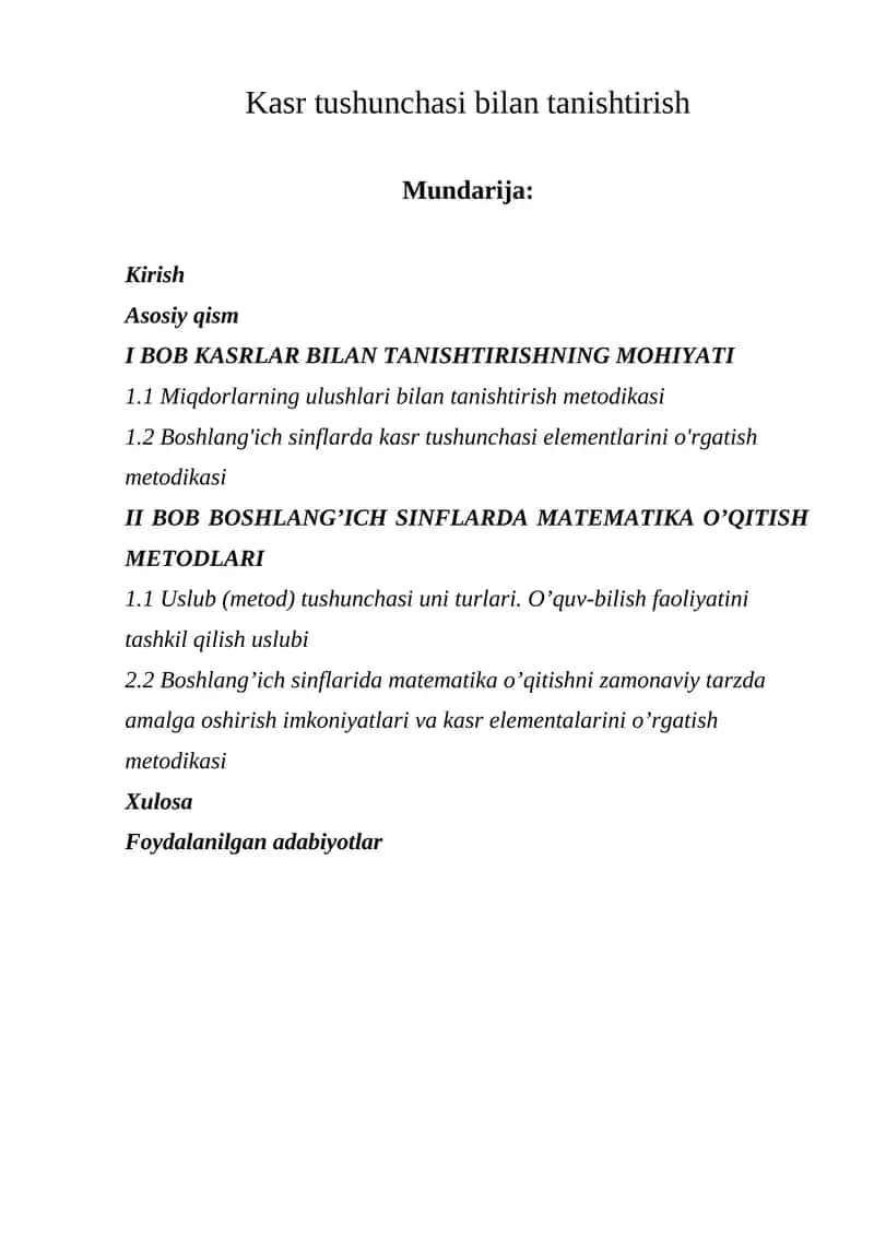 Kasr tushunchasi bilan tanishtirish