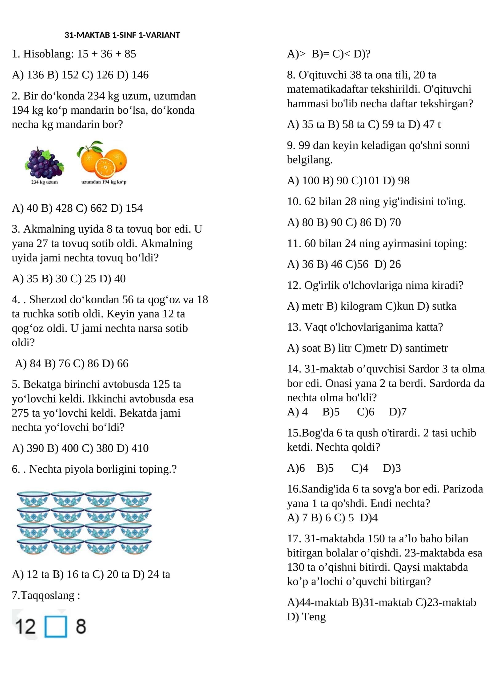 1-sinf Matematika test