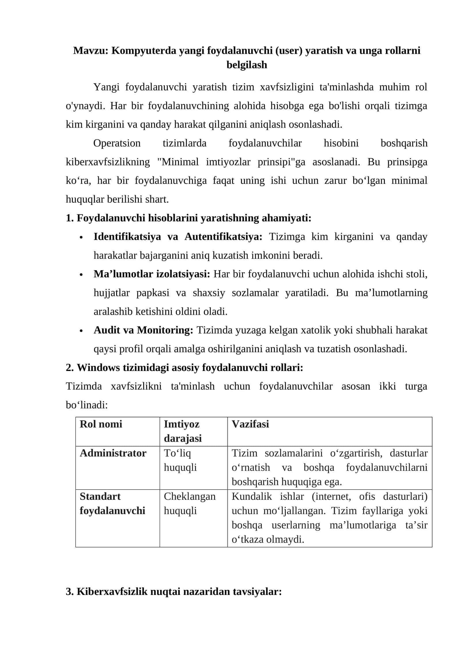 Kompyuterda yangi foydalanuvchi (user) yaratish va unga rollarni belgilash