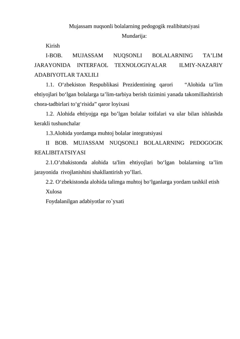 MUJASSAM NUQSONLI BOLALARNING PEDOGOGIK REALIBITATSIYASI