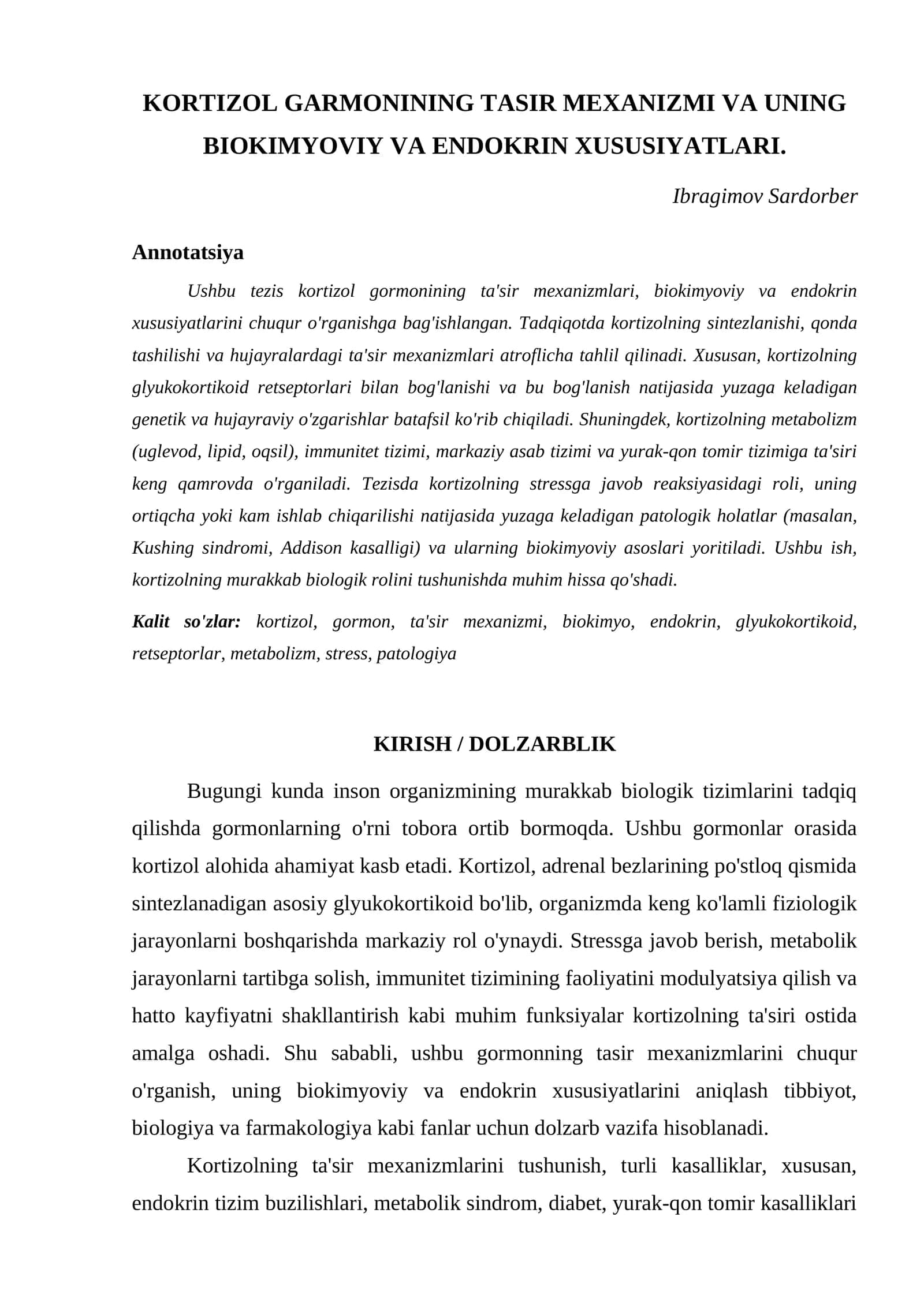KORTIZOL GARMONINING TASIR MEXANIZMI VA UNING BIOKIMYOVIY VA ENDOKRIN XUSUSIYATLARI