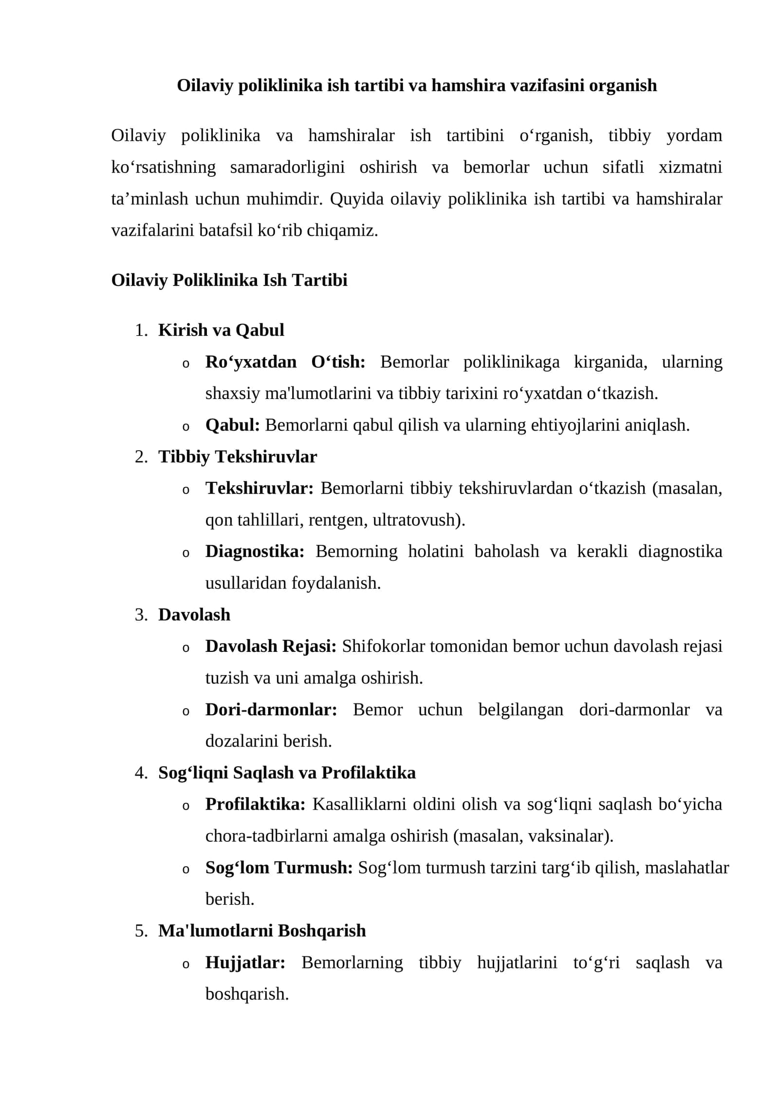 Oilaviy poliklinika ish tartibi va hamshira vazifasini organish
