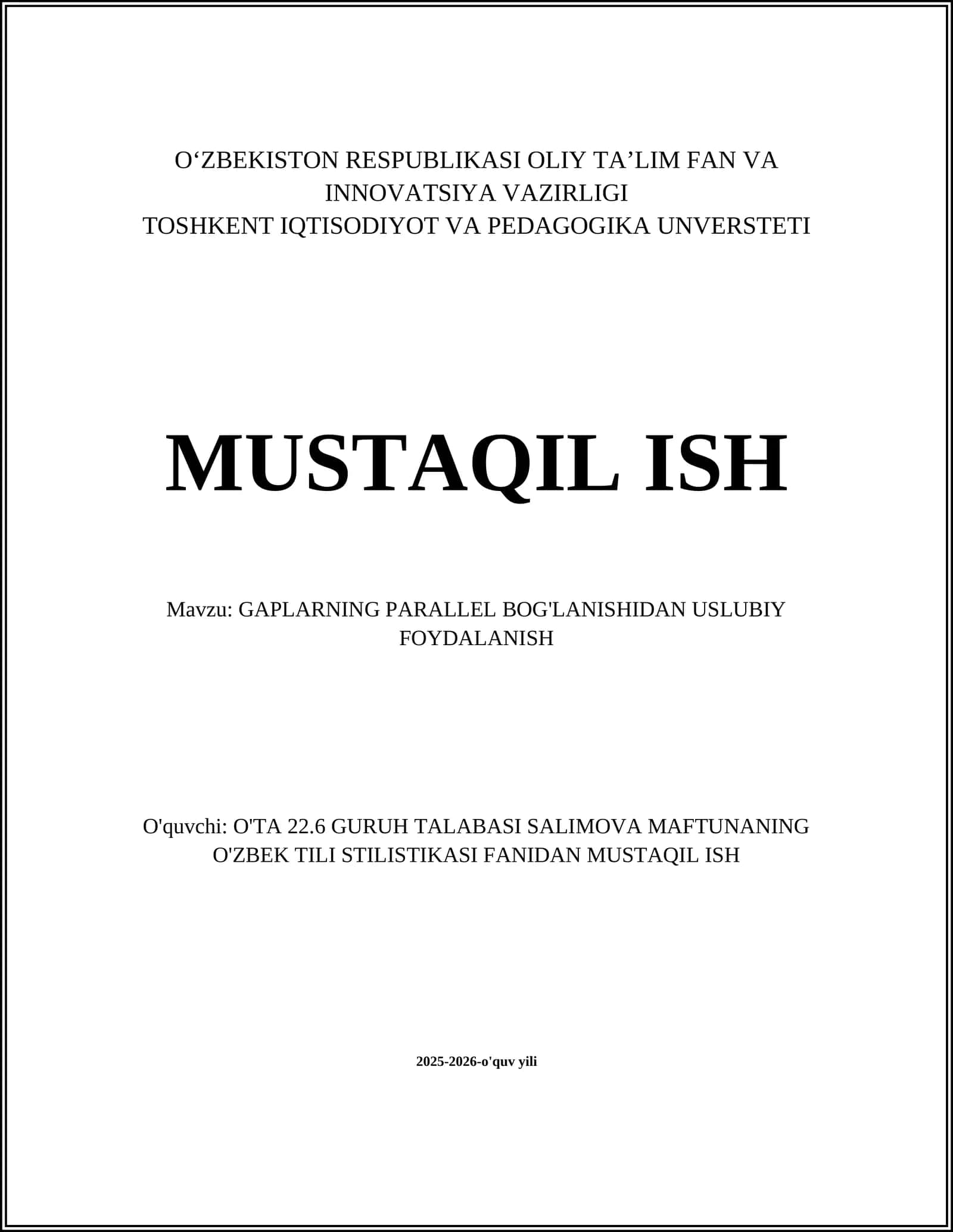 GAPLARNING PARALLEL BOG'LANISHIDAN USLUBIY FOYDALANISH