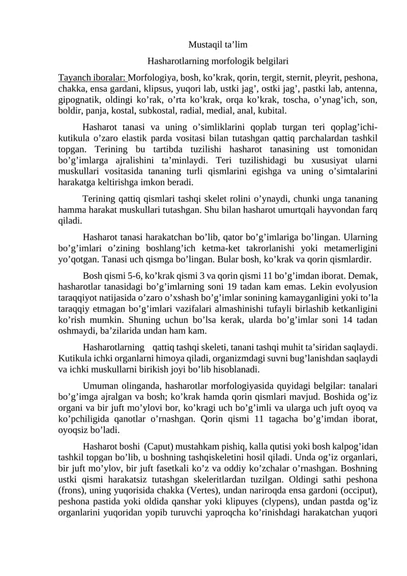 Hasharotlarning morfologik belgilari
