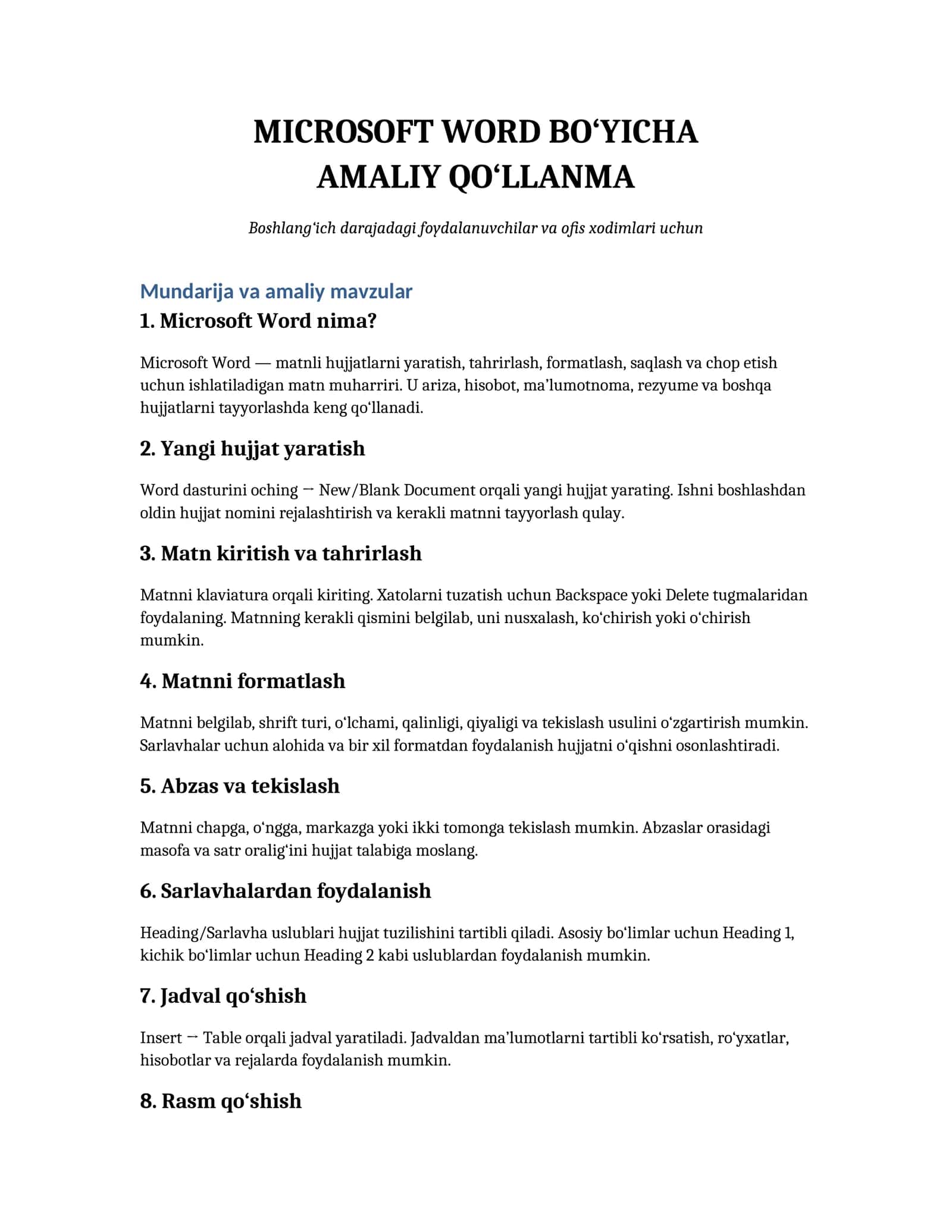 MICROSOFT WORD BO'YICHA AMALIY QO'LLANMA