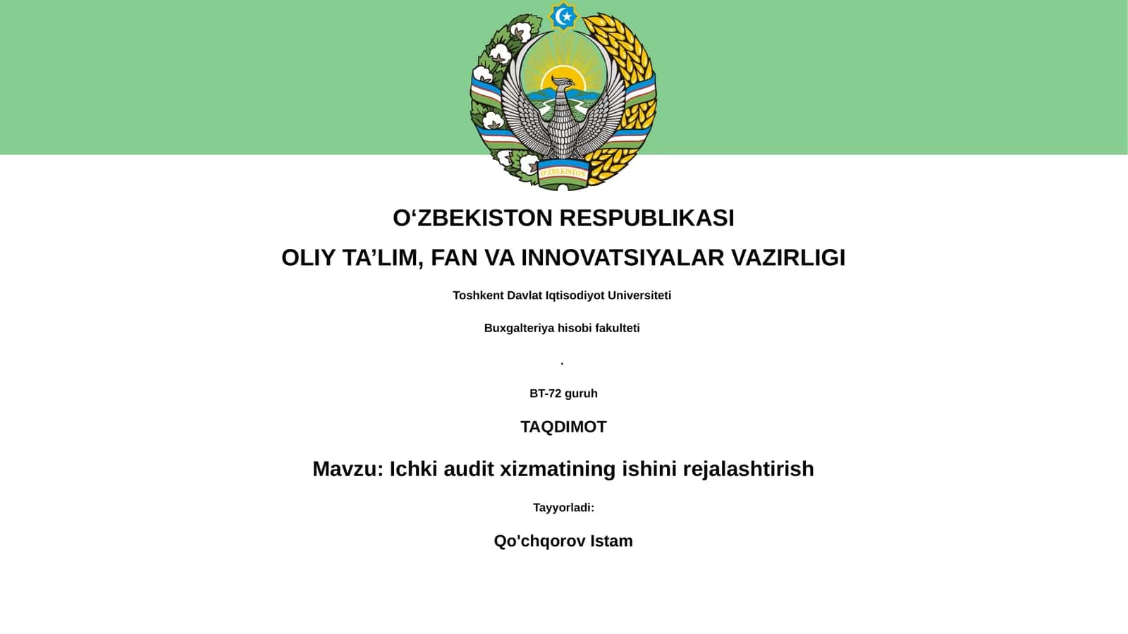 Ichki audit xizmatining ishini rejalashtirish