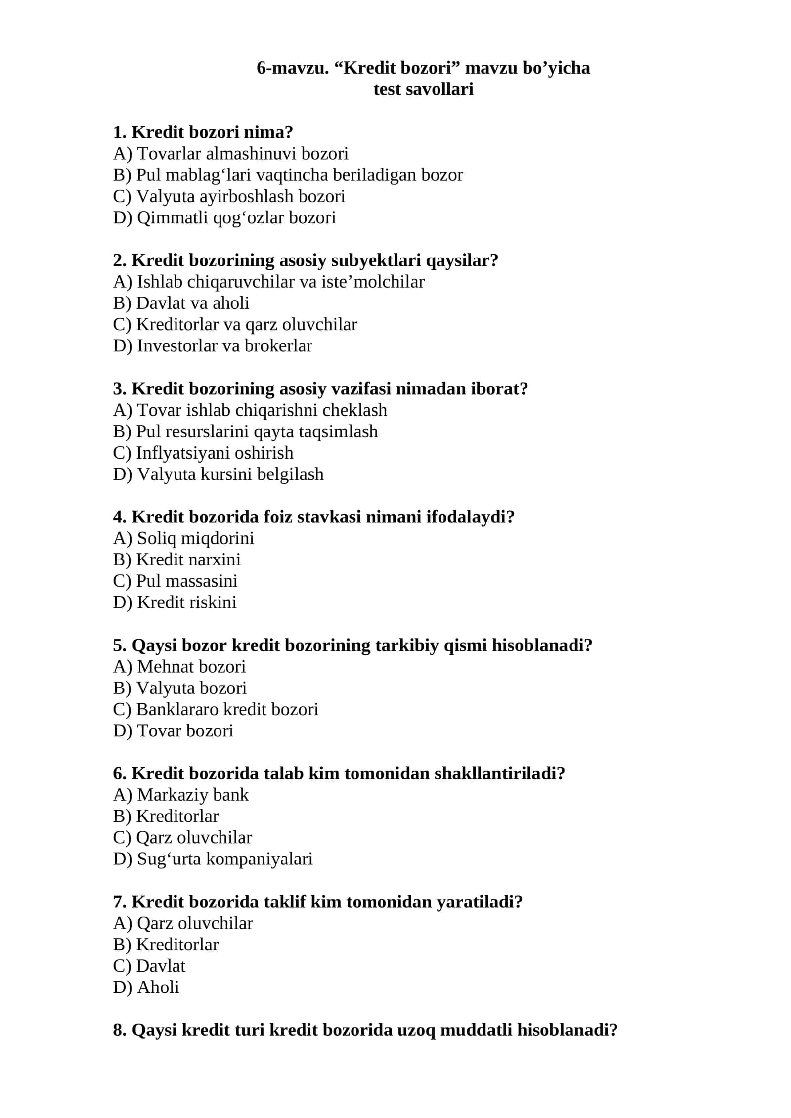 Kredit bozori test savollari