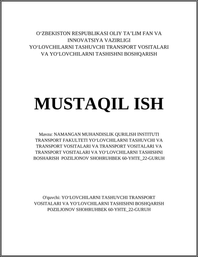 NAMANGAN MUHANDISLIK QURILISH INSTITUTI TRANSPORT FAKULTETI