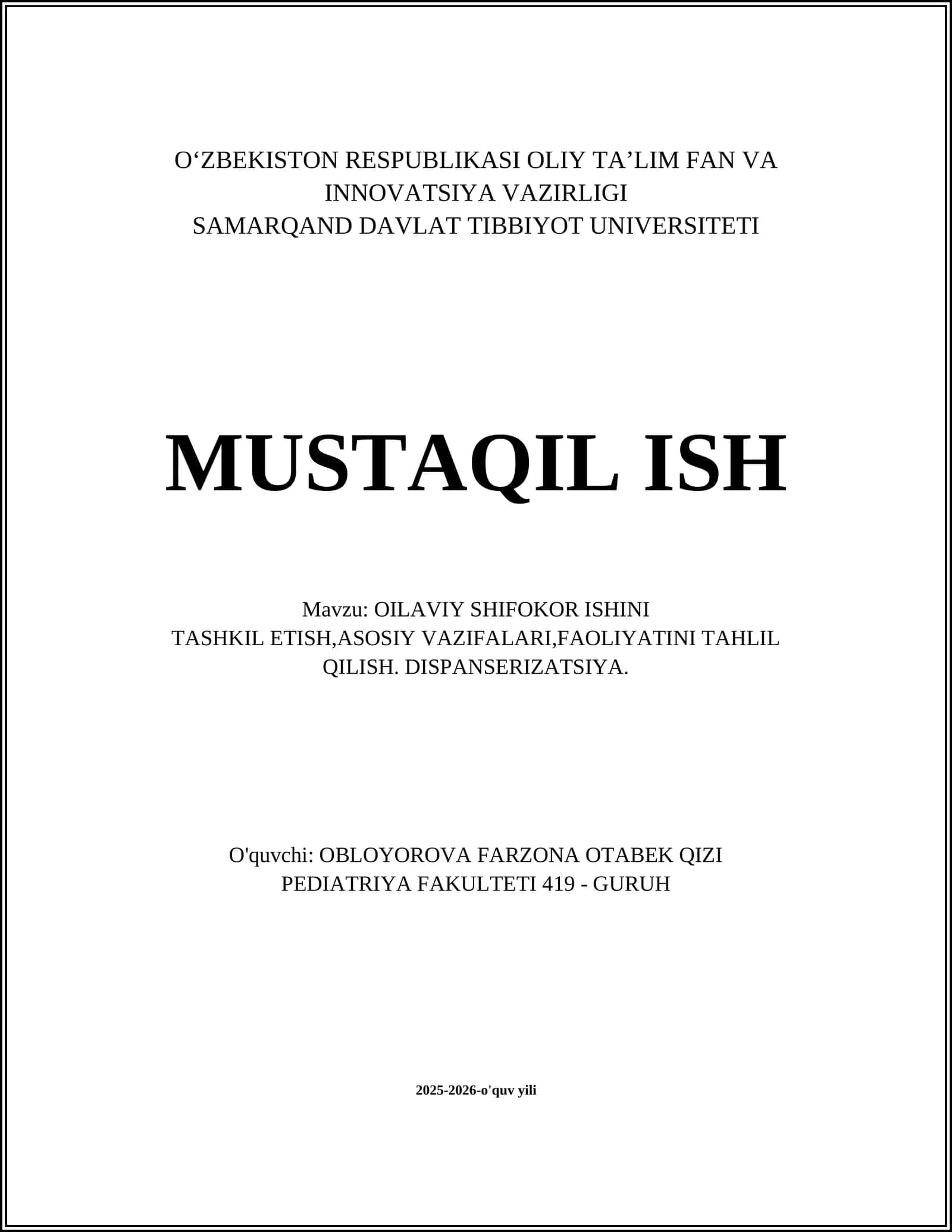 OILAVIY SHIFOKOR ISHINI TASHKIL ETISH, ASOSIY VAZIFALARI, FAOLIYATINI TAHLIL QILISH