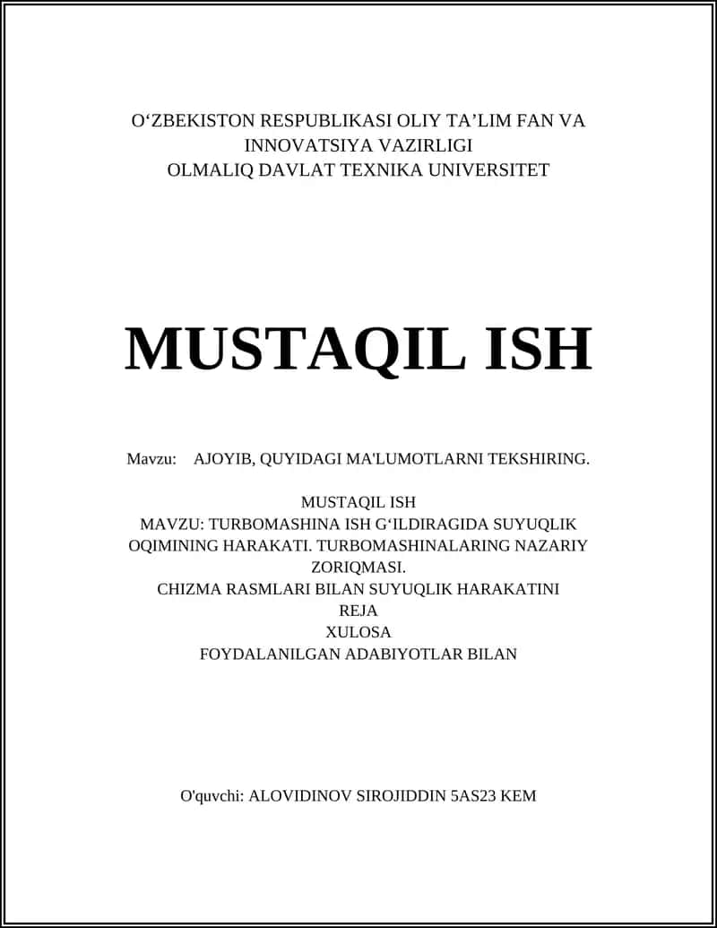 TURBOMASHINA ISH GʻILDIRAGIDA SUYUQLIK OQIMINING HARAKATI. TURBOMASHINALARING NAZARIY ZORIQMASI