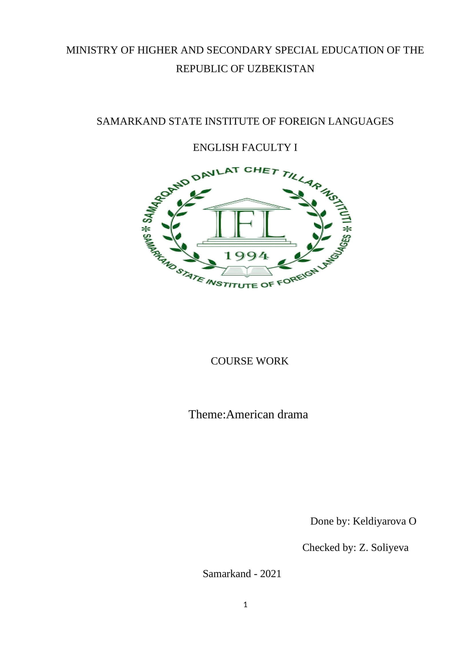 Samarkand State Institute of Foreign Languages English Faculty I Course Work