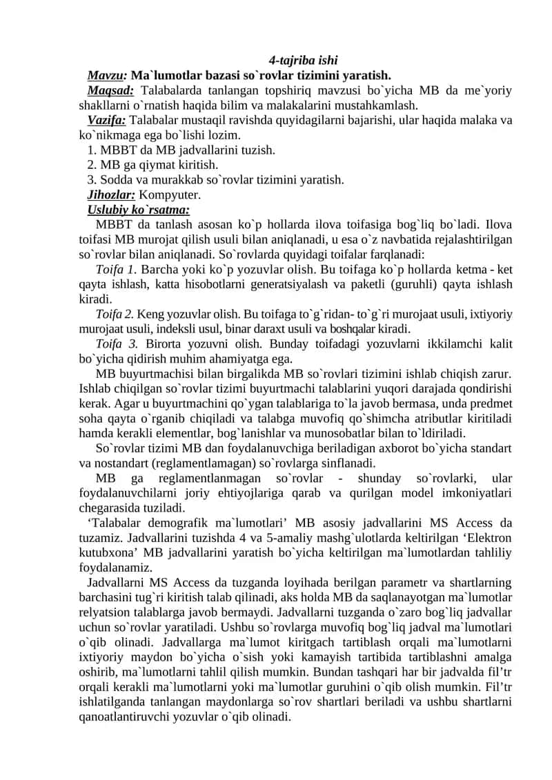Ma`lumotlar bazasi so`rovlar tizimini yaratish