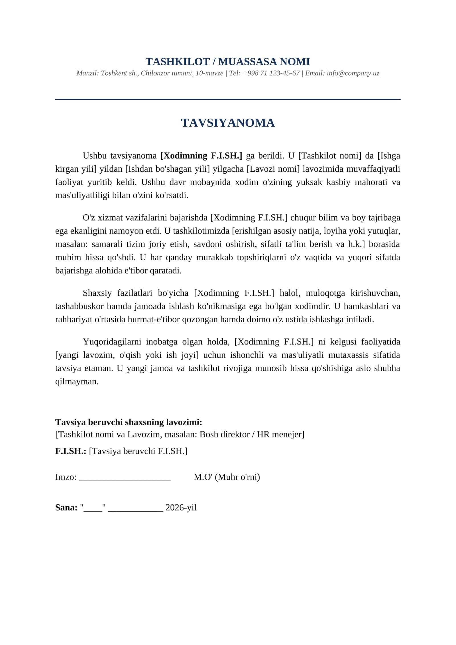 Hodim uchun tavsiyanoma shabloni