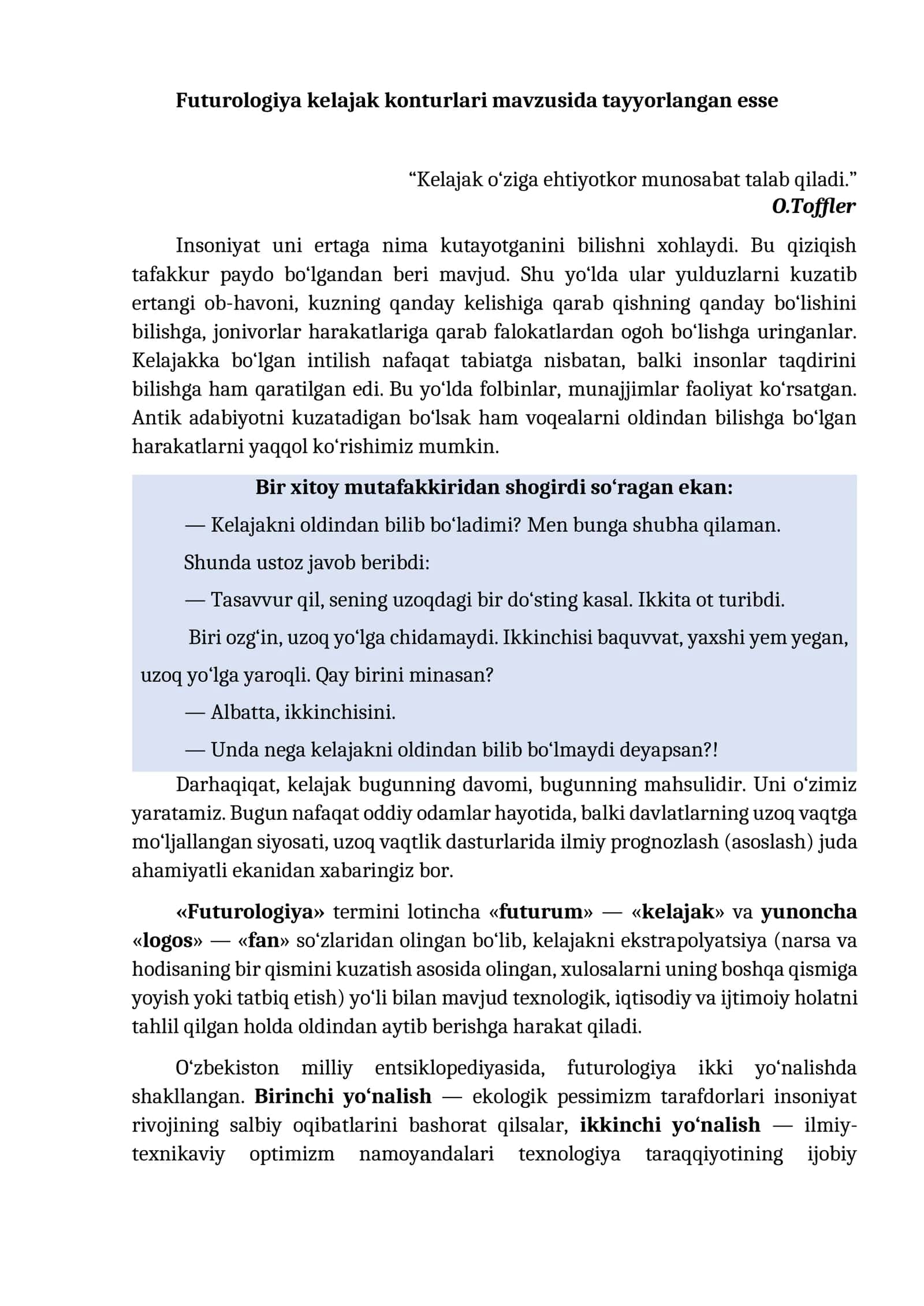 Futurologiya kelajak konturlari mavzusida tayyorlangan esse