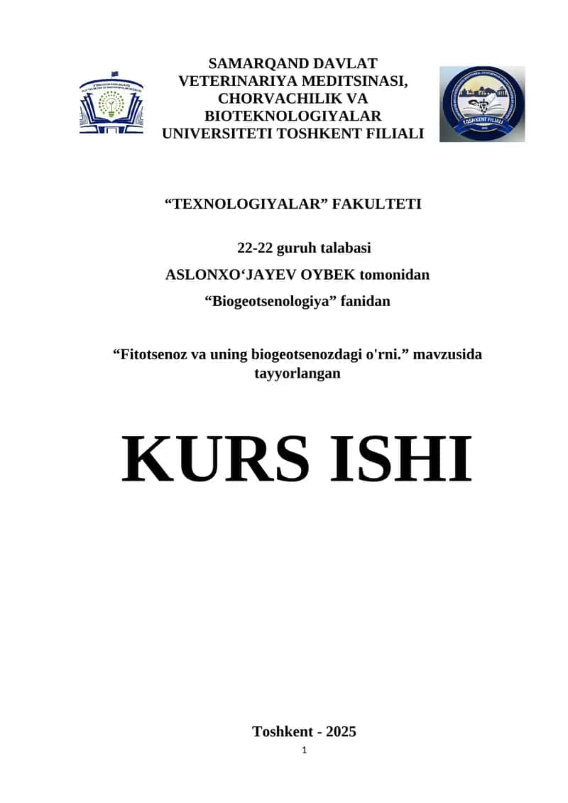 "Fitotsenoz va uning biogeotsenozdagi o'rni." kurs ishi