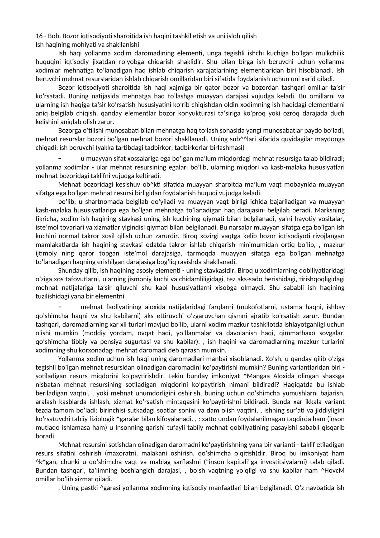 Bоb. Bozor iqtisodiyoti sharoitida ish haqini tashkil etish va uni isloh qilish