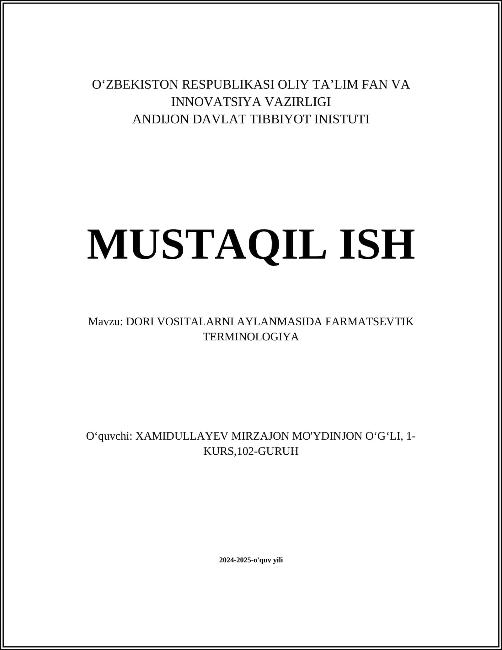 DORI VOSITALARNI AYLANMASIDA FARMATSEVTIK TERMINOLOGIYA