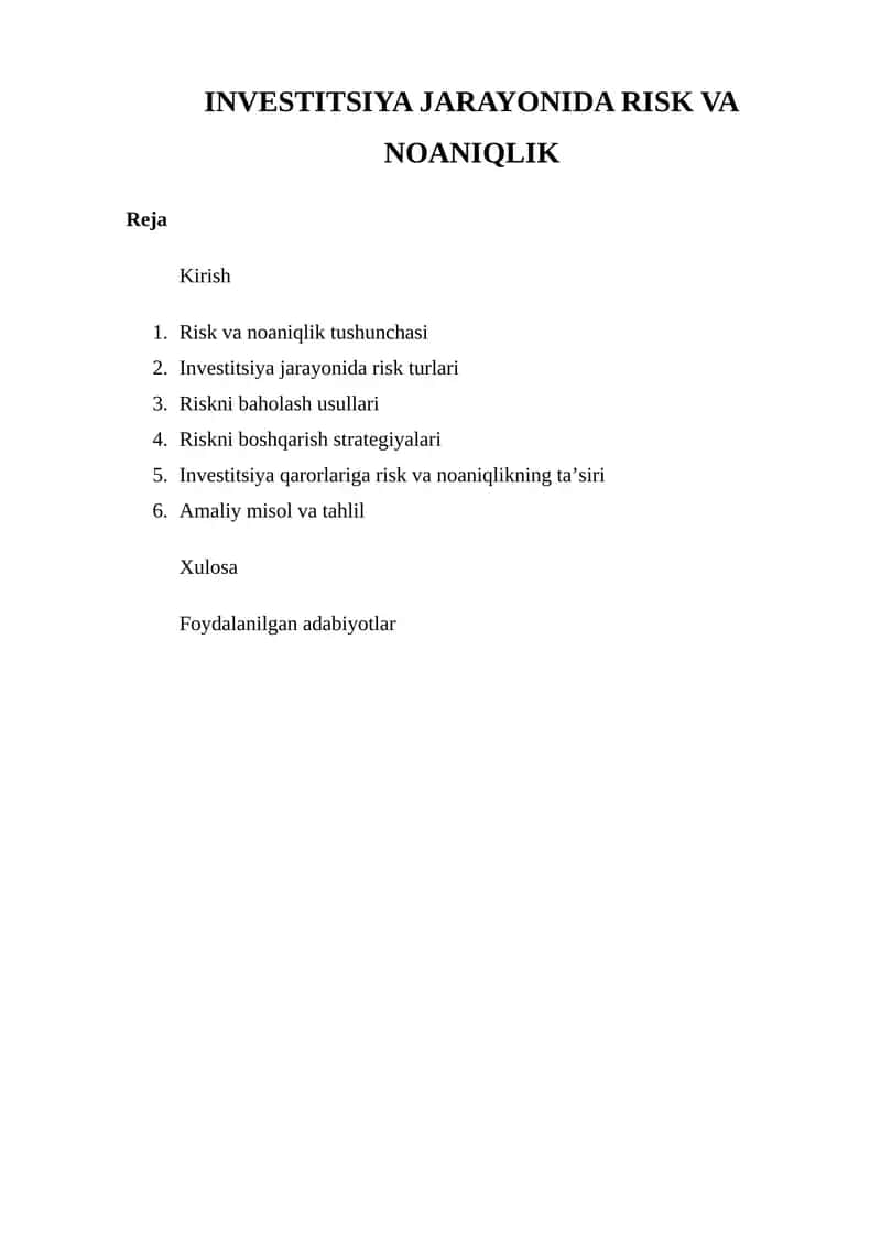 Investitsiya Jarayonida Risk va Noaniqlik
