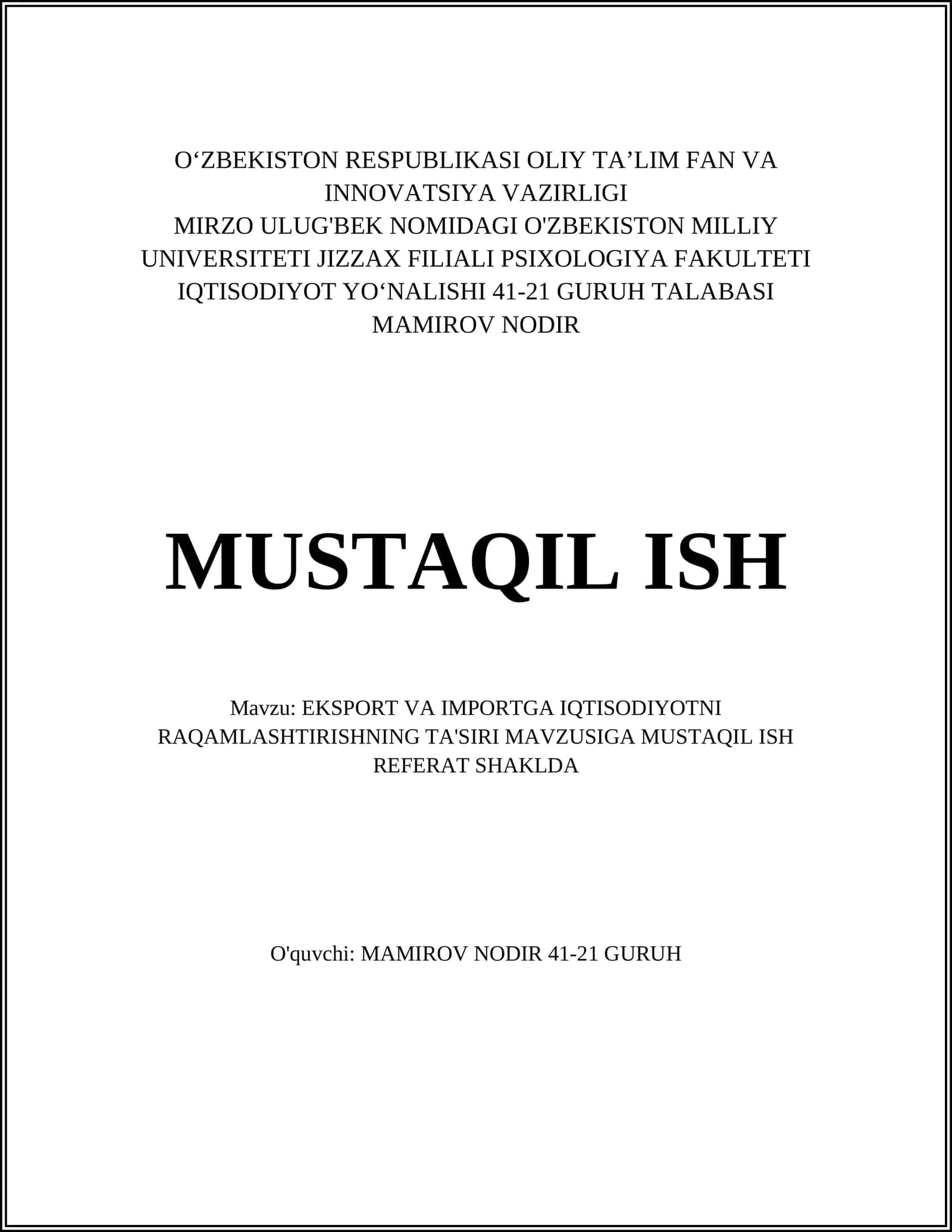 EKSPORT VA IMPORTGA IQTISODIYOTNI RAQAMLASHTIRISHNING TA'SIRI MAVZUSI