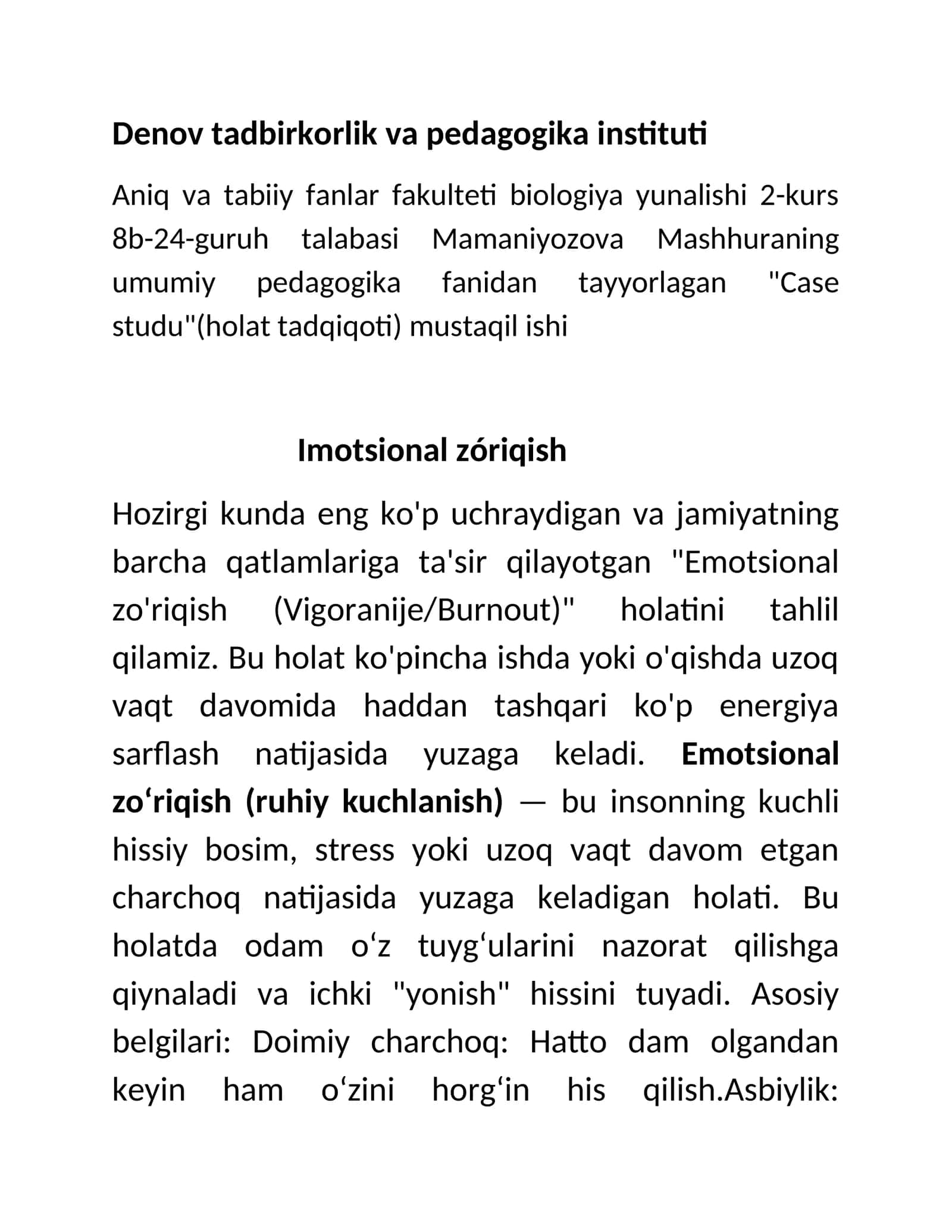 "Emotsional zo'riqish (Vigoranije/Burnout)" holati tahlili