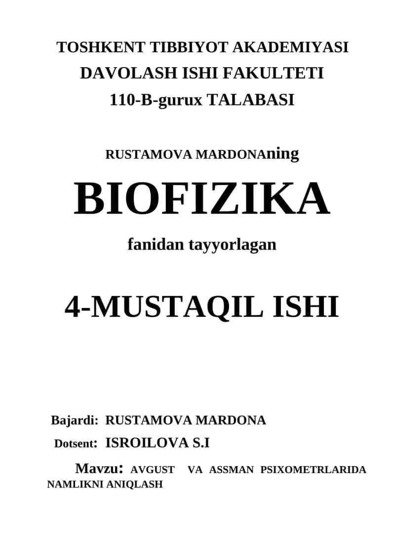 AVGUST VA ASSMAN PSIXOMETRLARIDA NAMLIKNI ANIQLASH
