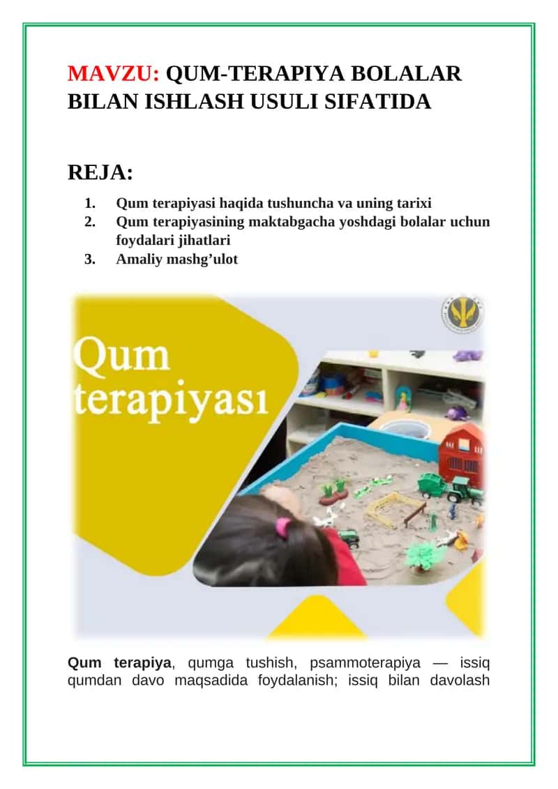 Qum-terapiya bolalar bilan ishlash usuli sifatida (Referat, Mustaqil ish)