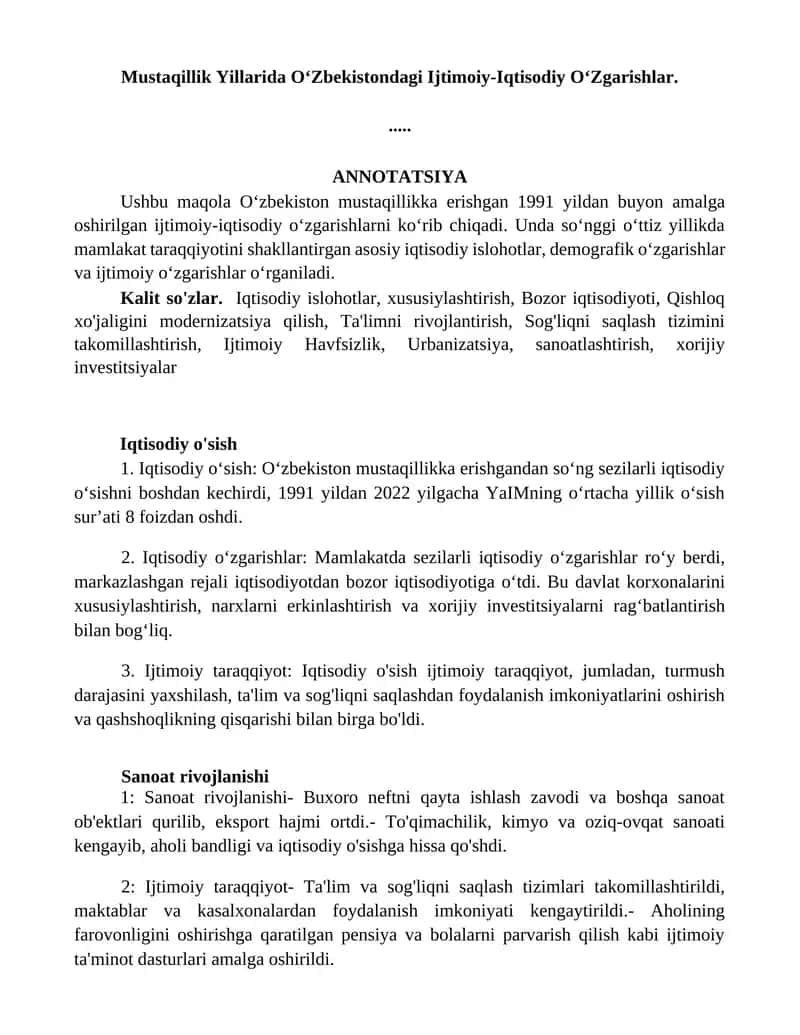 Mustaqillik Yillarida OʻZbekistondagi Ijtimoiy-Iqtisodiy OʻZgarishlar