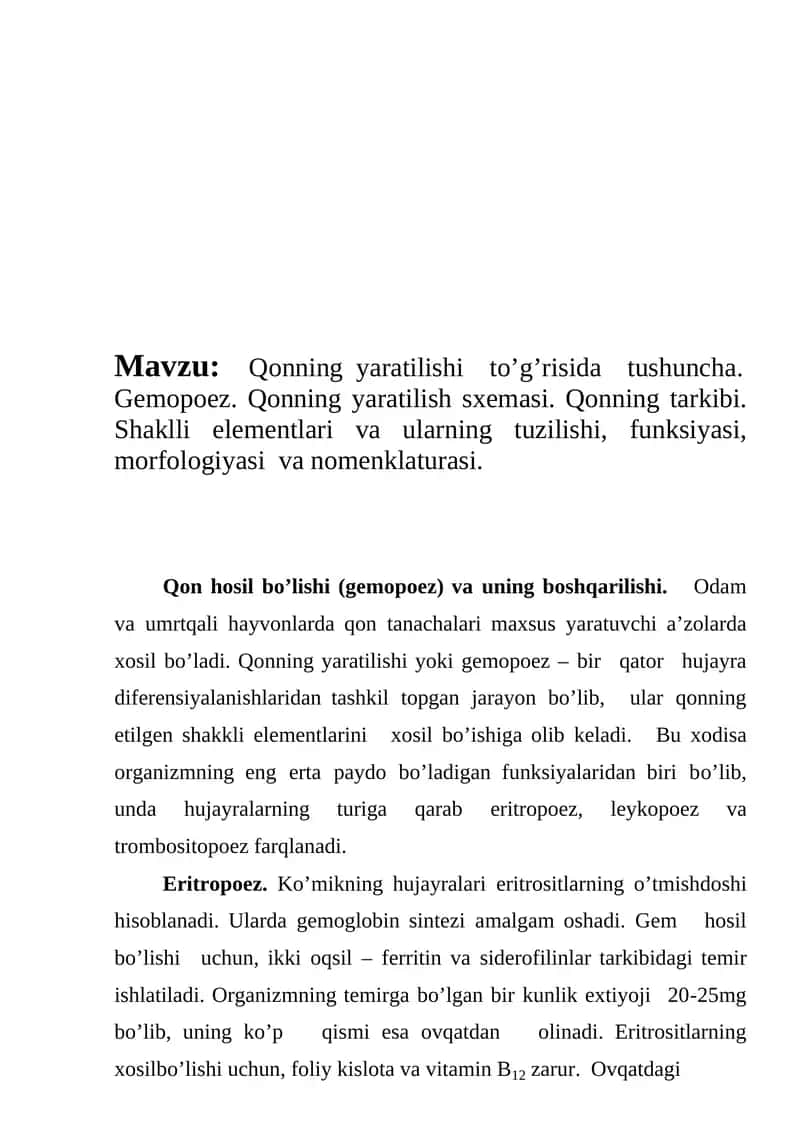 Qonning yaratilishi to’g’risida tushuncha