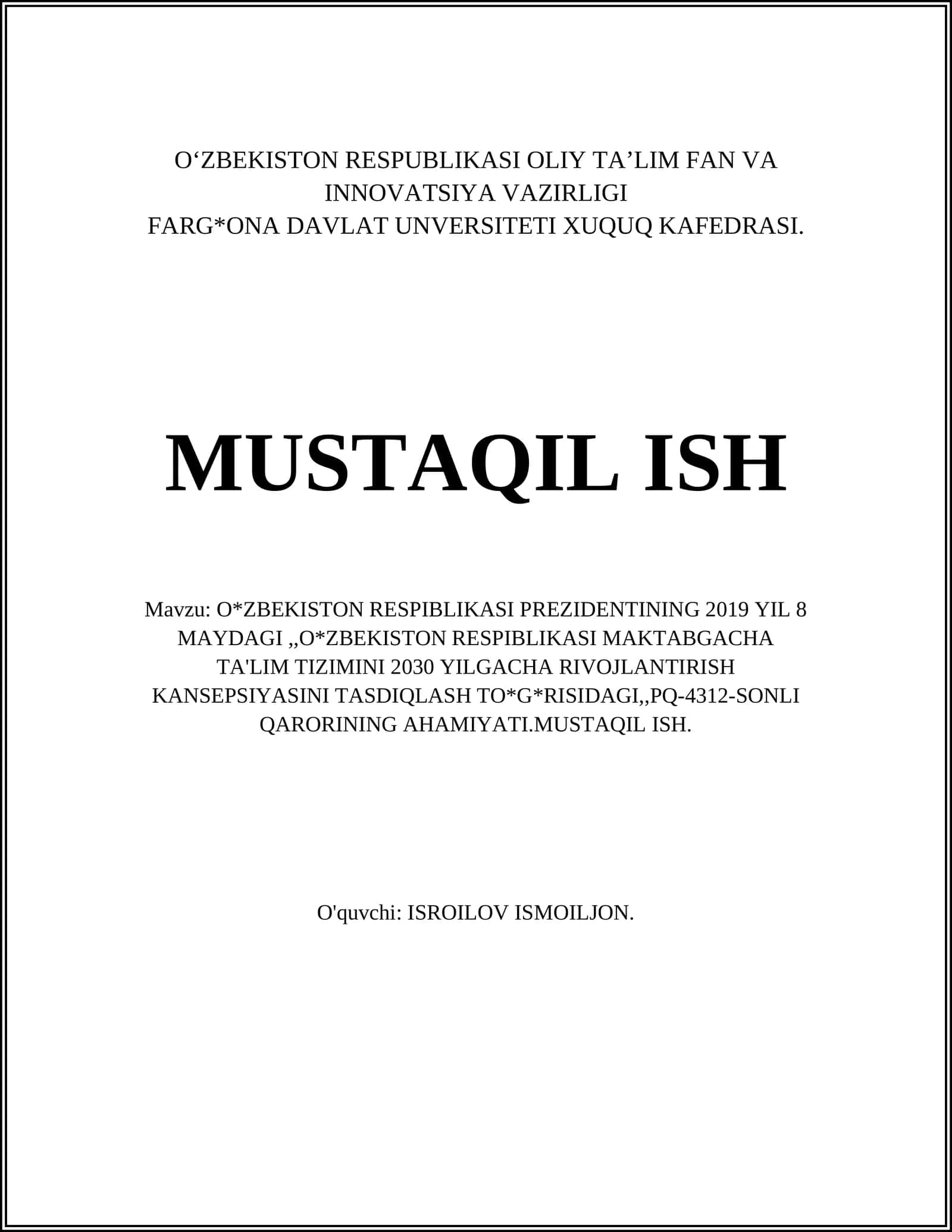 O'ZBEKISTON RESPIBLIKASI MAKTABGACHA TA'LIM TIZIMINI 2030 YILGACHA RIVOJLANTIRISH KANSEPSIYASI