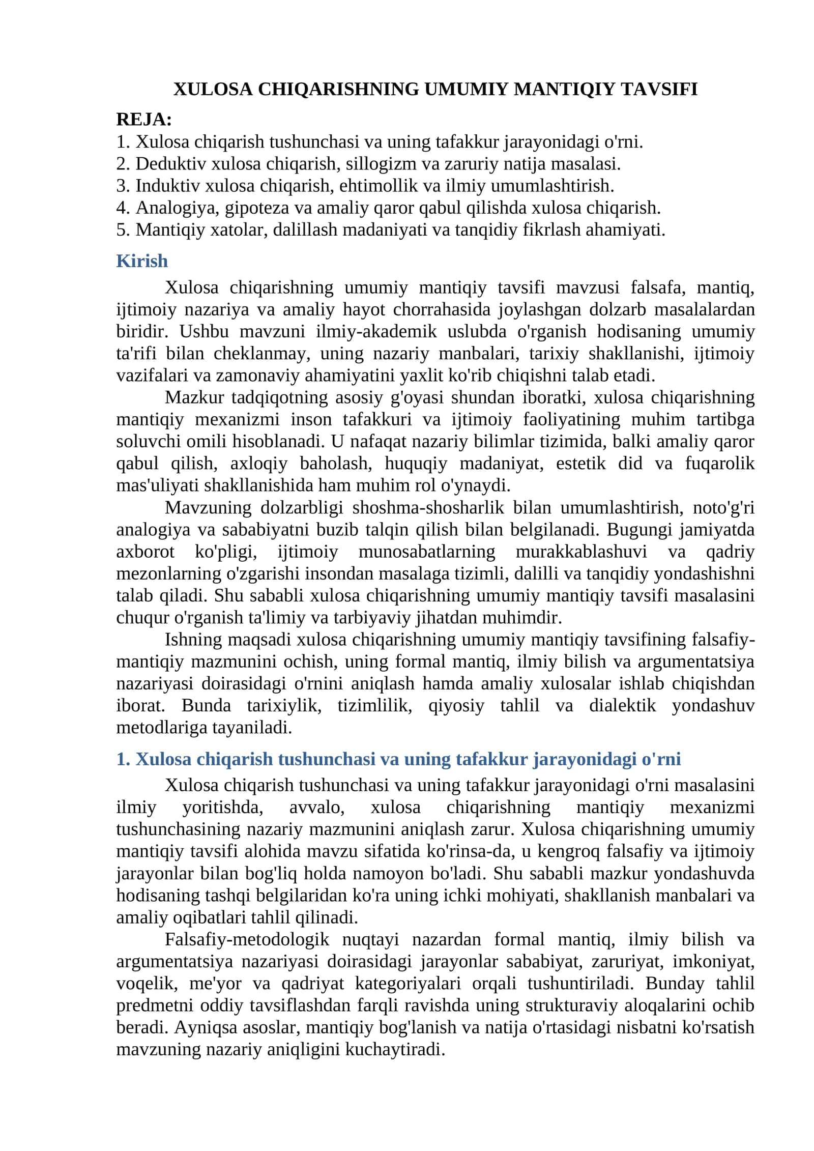 Xulosa Chiqarishning Umumiy Mantiqiy Tavsifi