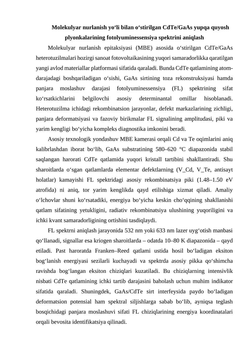 CdTe/GaAs yupqa quyosh plyonkalarining fotolyuminessensiya spektri