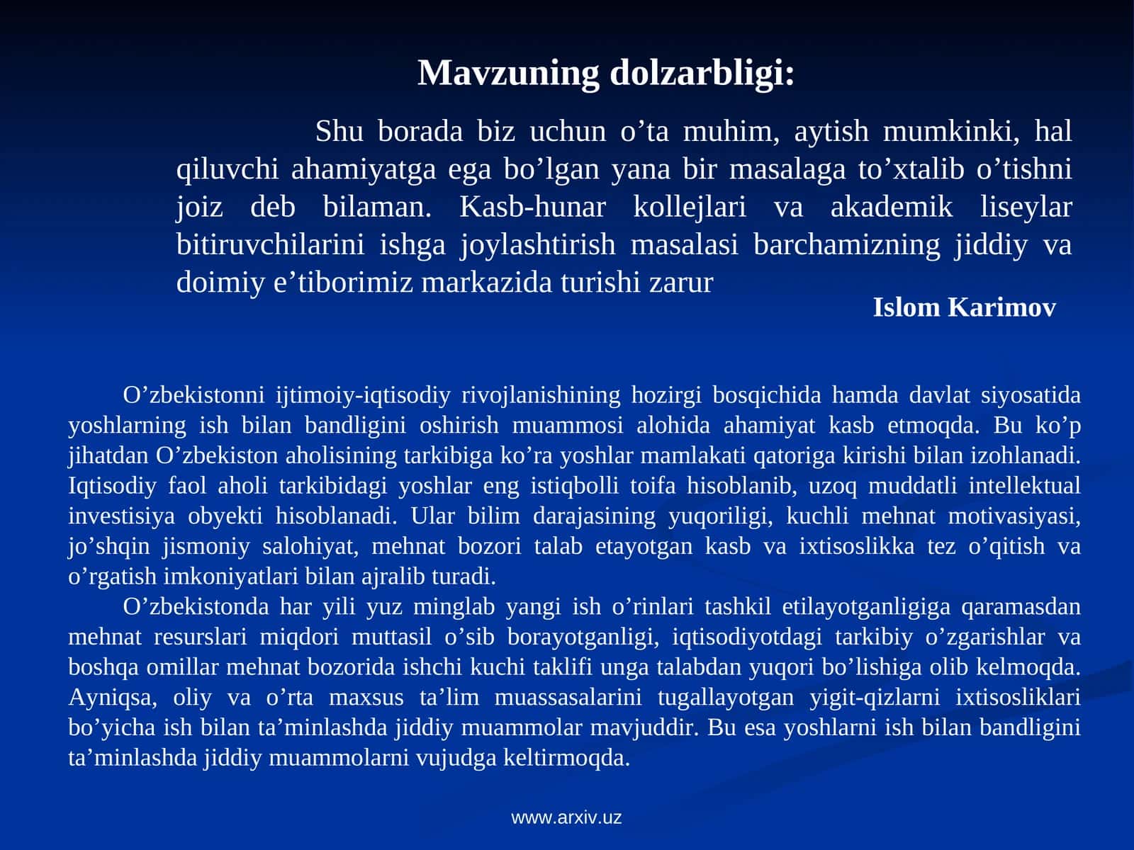 Kasb-hunar kollejlari va akademik litseylar bitiruvchilarini ishga joylashtirish