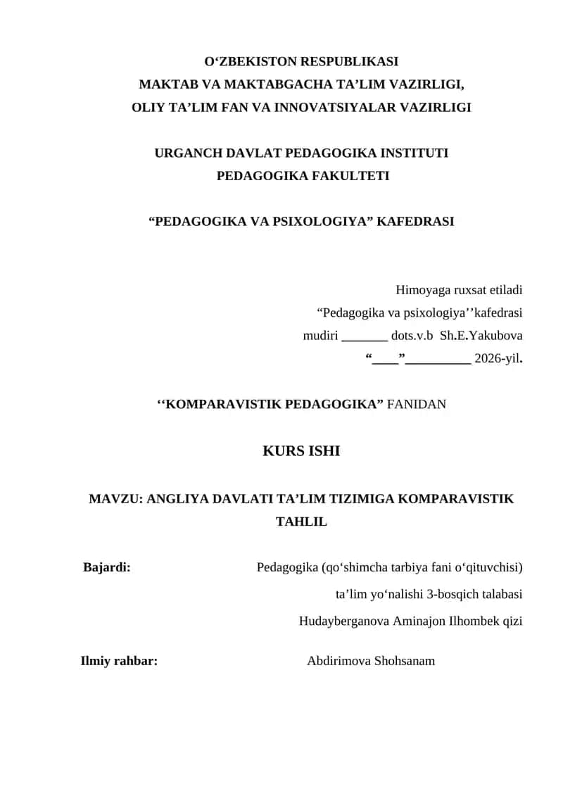 ANGLIYA DAVLATI TA’LIM TIZIMIGA KOMPARAVISTIK TAHLIL