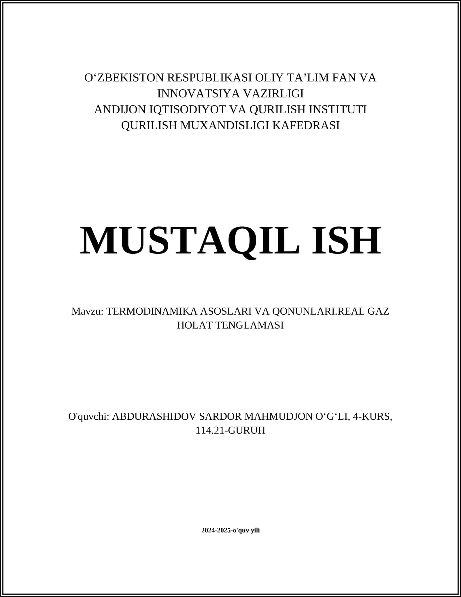 TERMODINAMIKA ASOSLARI VA QONUNLARI