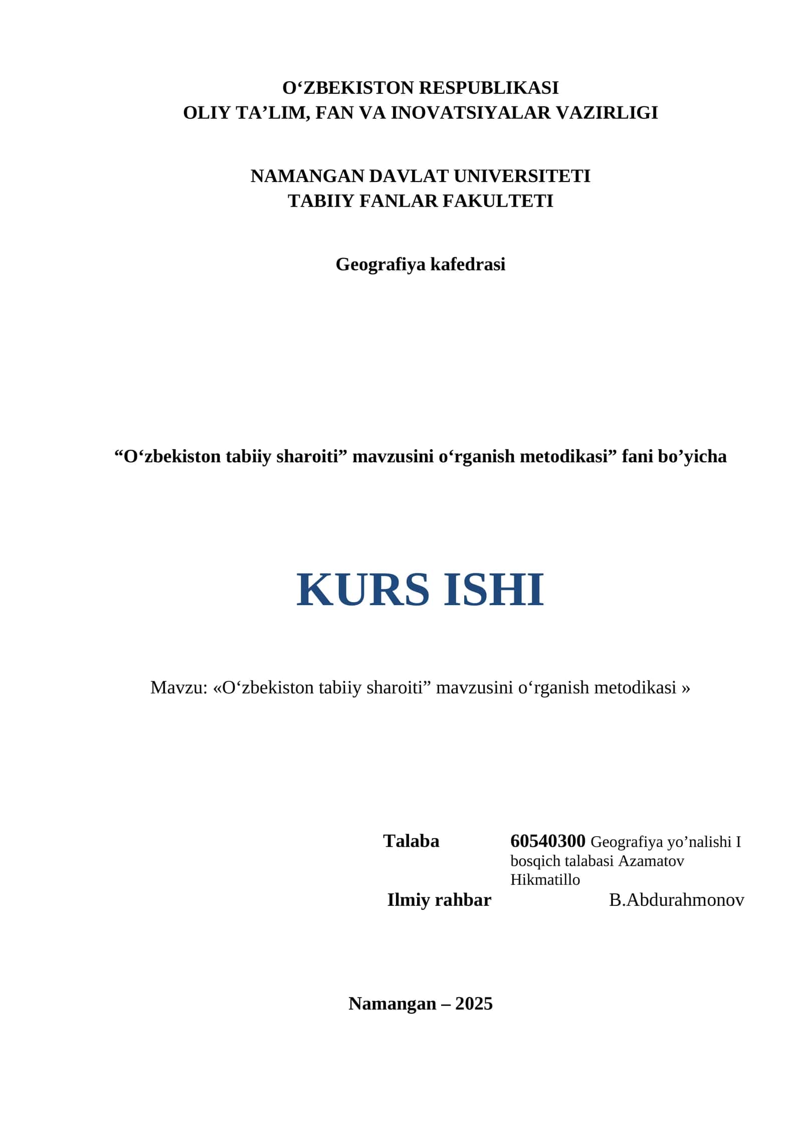 O‘zbekiston tabiiy sharoiti fani bo’yicha