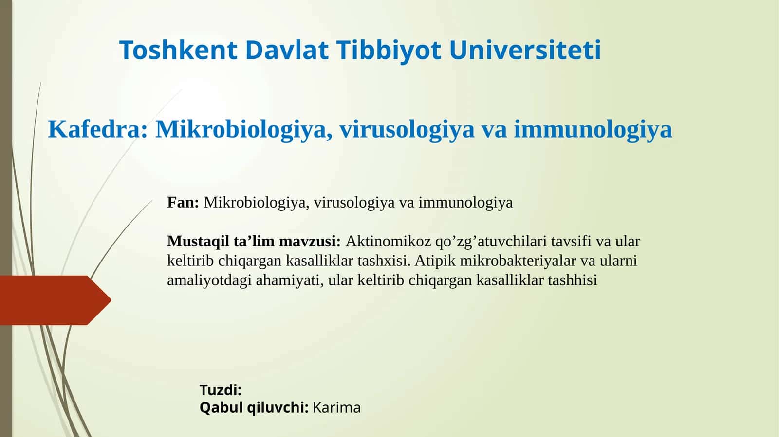 Aktinomikoz qo’zg’atuvchilari tavsifi va ularning keltirib chiqargan kasalliklari tashxisi. Atipik mikrobakteriyalar va ularning amaliyotdagi ahamiyati, ular keltirib chiqargan kasalliklari tashxisi